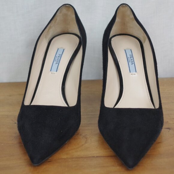 Prada Italian Made Pointed Toe Black Suede Heels Size 39.5 - Picture 5 of 13